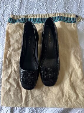 Tory Burch Black Croc-Embossed Logo Flats